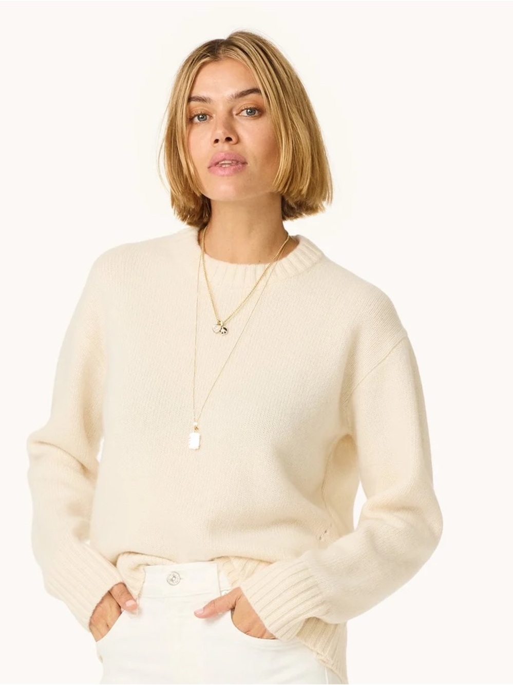 Unsubscribed Winter-Weight Cashmere Crewneck Sweater in Natural White